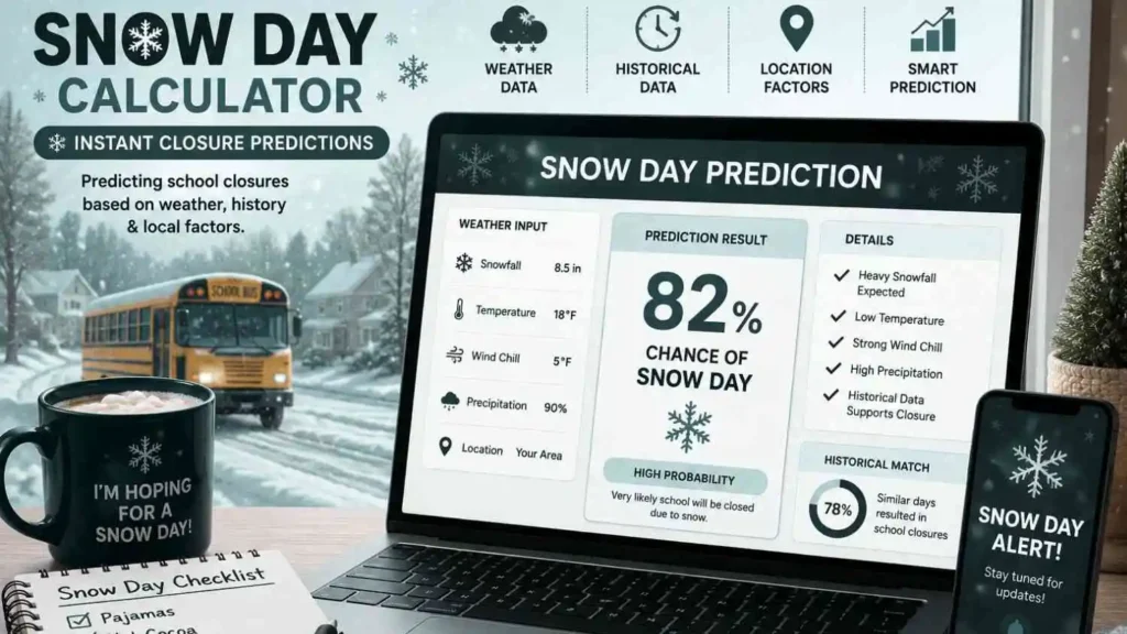 Snow Day Calculator showing instant school closure predictions based on snowfall weather forecasts and historical weather data